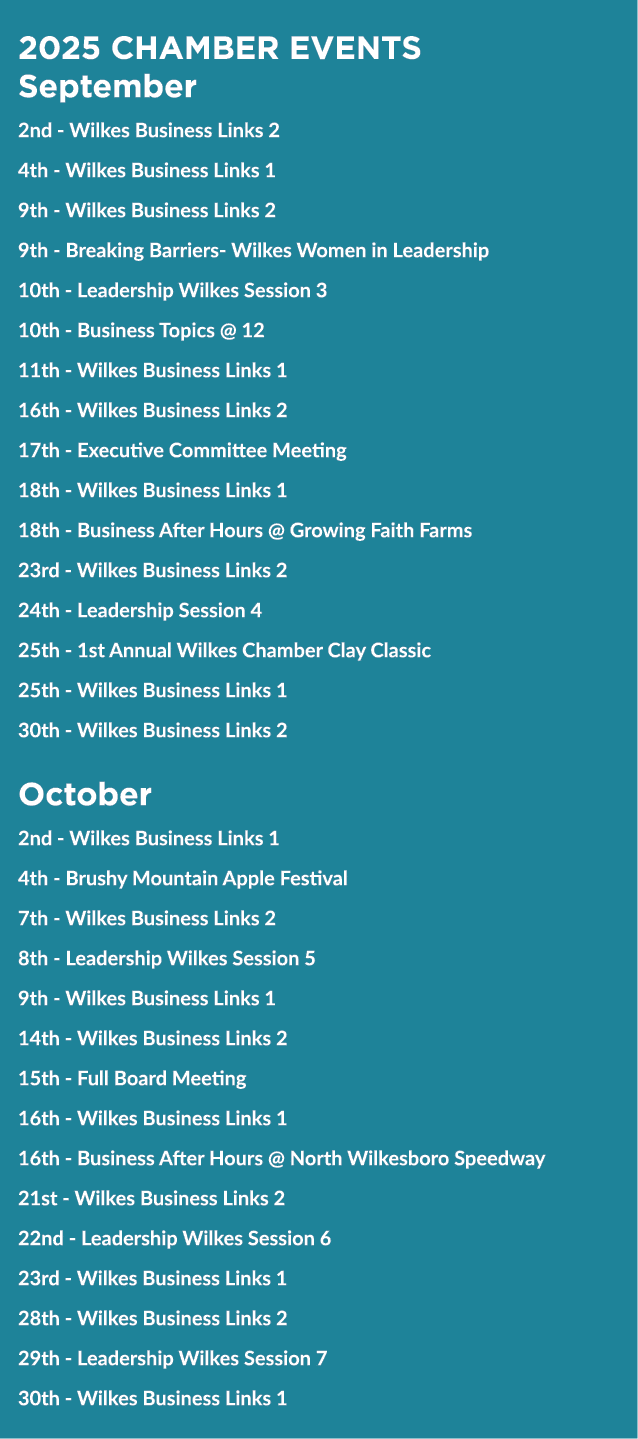 2025 CHAMBER EVENTS September 2nd Wilkes Business Links 2 4th Wilkes Business Links 1 9th Wilkes Business Links 2 9th...