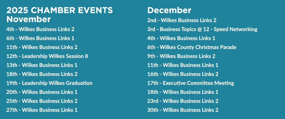 2025 CHAMBER EVENTS November 4th Wilkes Business Links 2 6th Wilkes Business Links 1 11th Wilkes Business Links 2 12t...