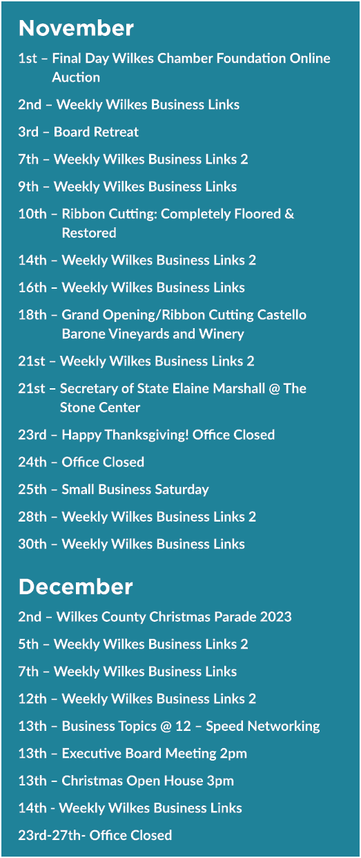 November 1st – Final Day Wilkes Chamber Foundation Online Auction 2nd – Weekly Wilkes Business Links 3rd – Board Retr...