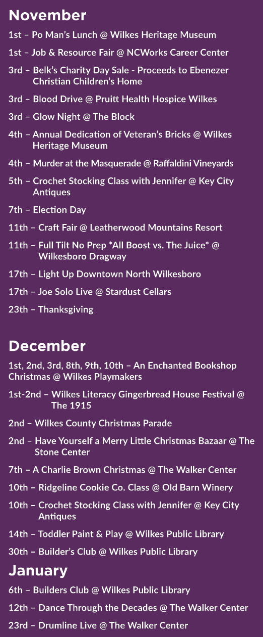 November 1st – Po Man’s Lunch @ Wilkes Heritage Museum 1st – Job & Resource Fair @ NCWorks Career Center 3rd – Belk’s...