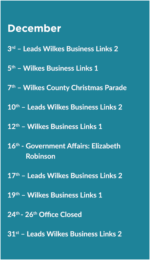 December 3rd – Leads Wilkes Business Links 2 5th – Wilkes Business Links 1 7th – Wilkes County Christmas Parade 10th ...