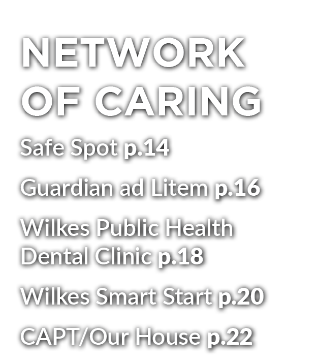 NETWORK OF CARING Safe Spot p.14 Guardian ad Litem p.16 Wilkes Public Health Dental Clinic p.18 Wilkes Smart Start p....