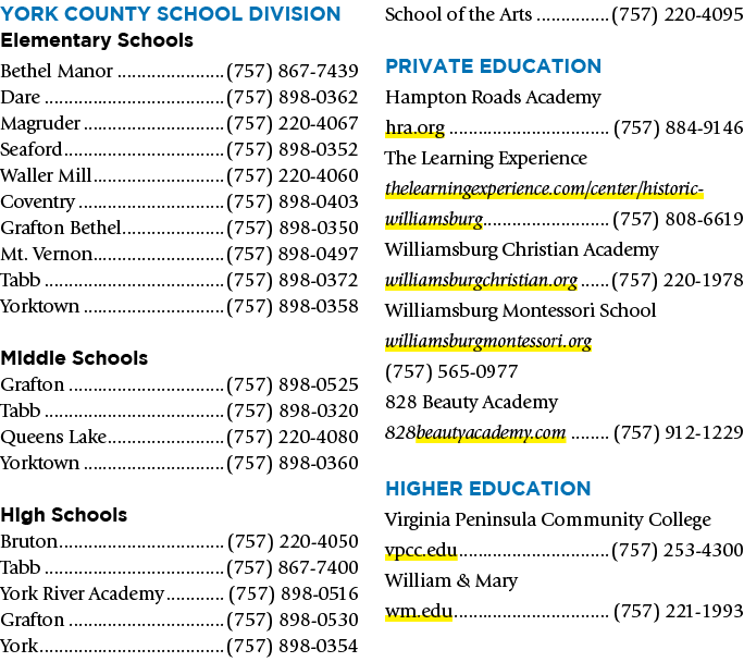 York County School Division Elementary Schools Bethel Manor (757) 867‑7439 Dare (757) 898‑0362 Magruder (757) 220‑406...