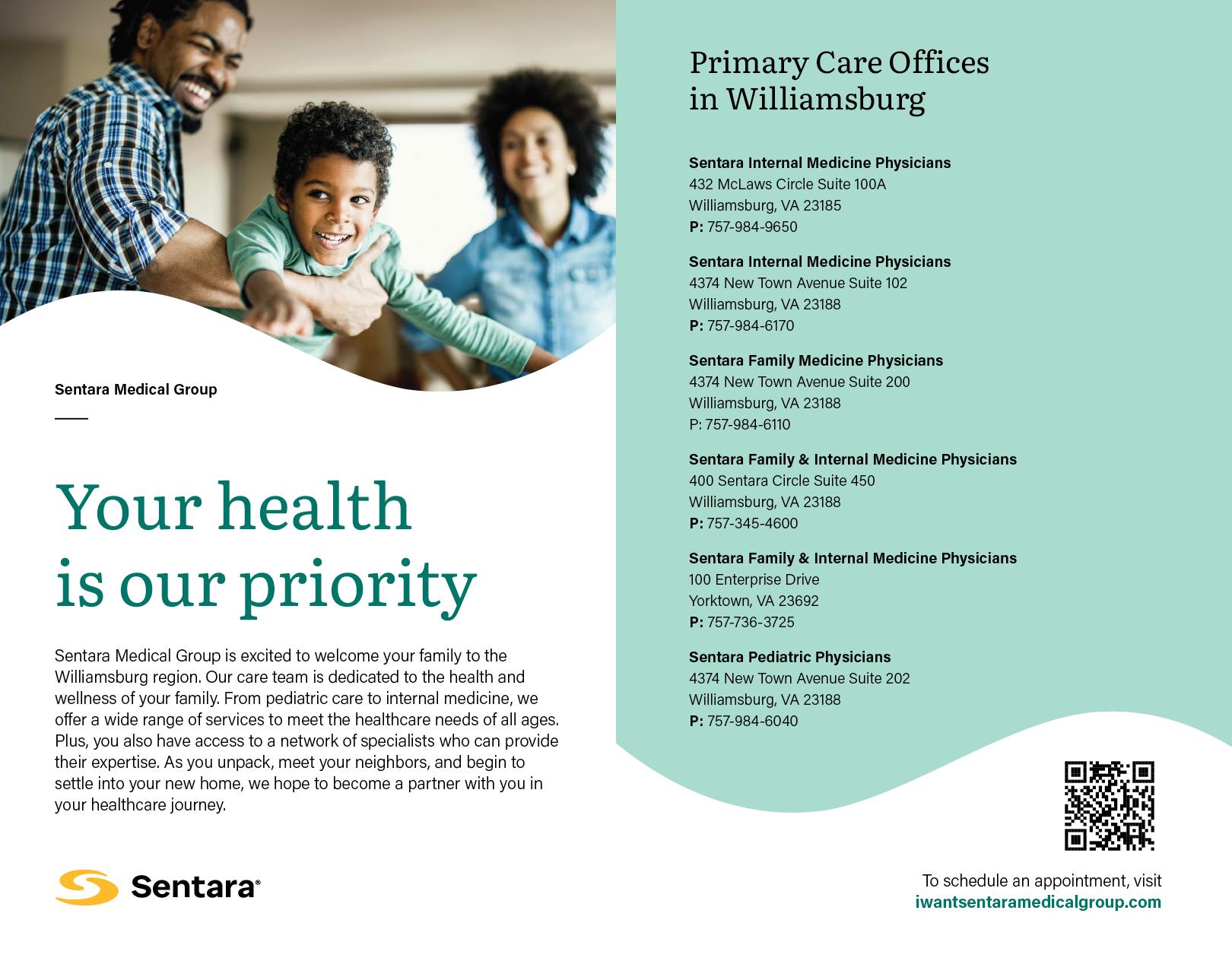 A flyer for primary care offices in Williamsburg. Description generated by AI