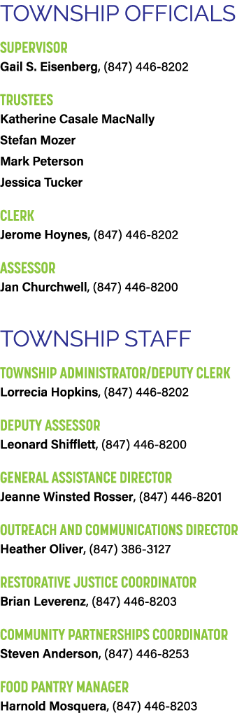 TOWNSHIP OFFICIALS SUPERVISOR Gail S. Eisenberg, (847) 446 8202 TRUSTEES Katherine Casale MacNally Stefan Mozer Mark ...