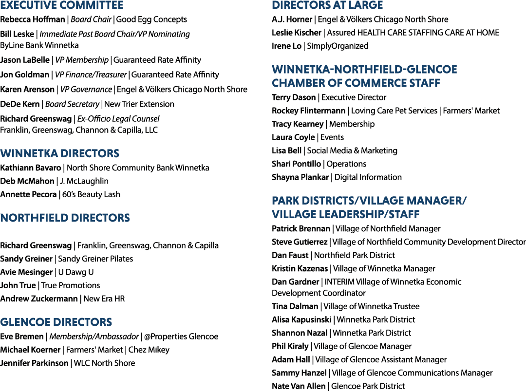 Executive Committee Rebecca Hoffman | Board Chair | Good Egg Concepts Bill Leske | Immediate Past Board Chair/VP Nomi...