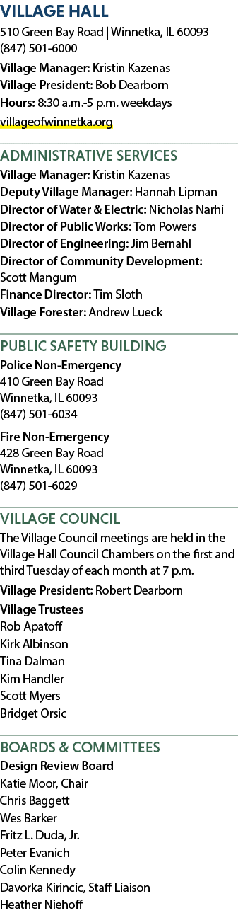 Village Hall 510 Green Bay Road | Winnetka, IL 60093 (847) 501 6000 Village Manager: Kristin Kazenas Village Presiden...
