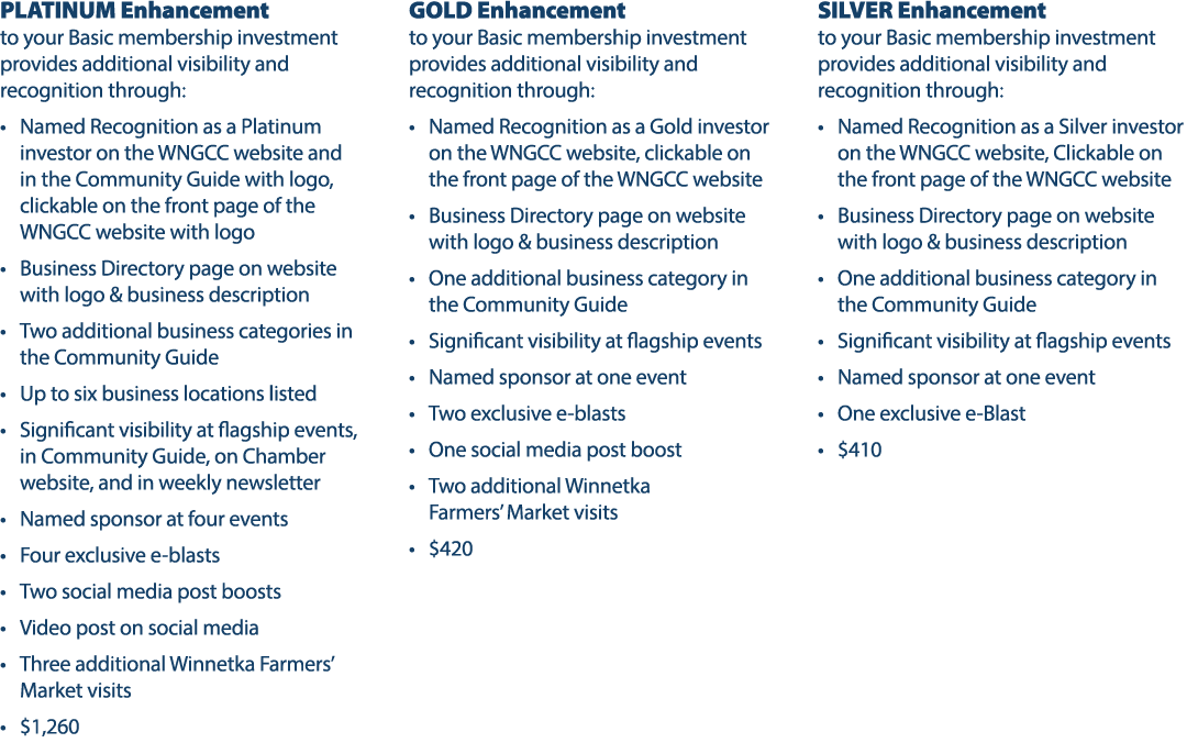 PLATINUM Enhancement to your Basic membership investment provides additional visibility and recognition through: • Na...