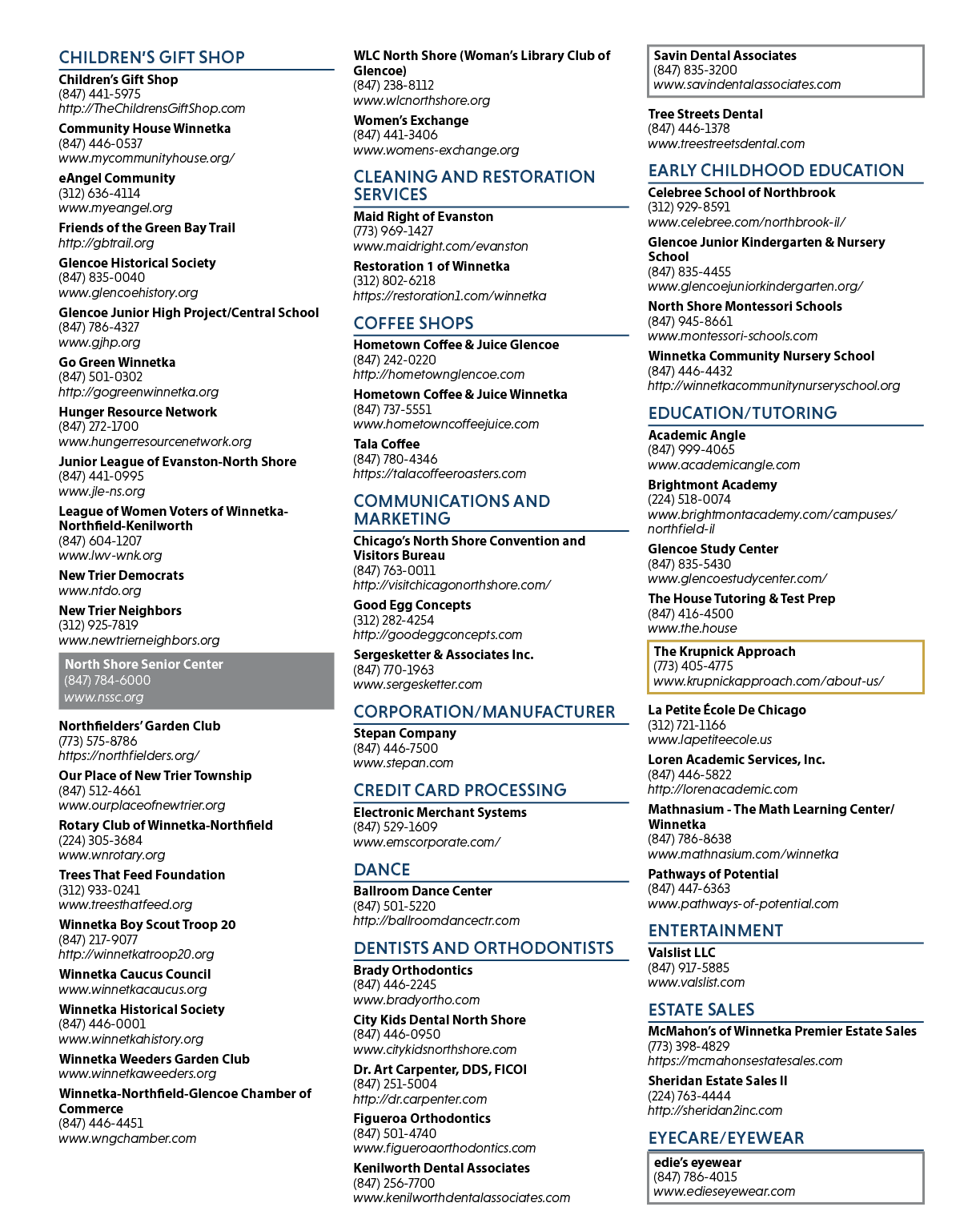 A list of businesses and organizations in the area. Description generated by AI