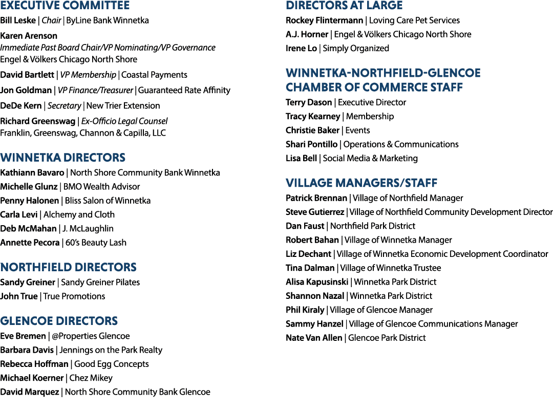 Executive Committee Bill Leske | Chair | ByLine Bank Winnetka Karen Arenson Immediate Past Board Chair/VP Nominating/...