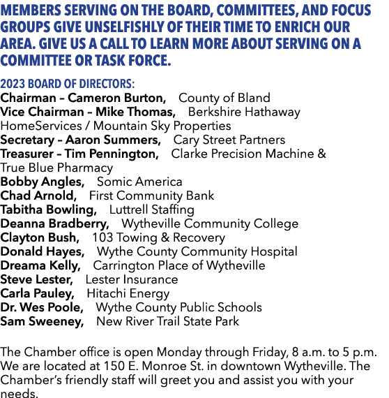 Members serving on the Board, committees, and focus groups give unselfishly of their time to enrich our area. Give us...