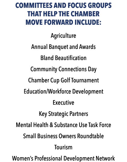 Committees and focus groups that help the Chamber move forward include: Agriculture Annual Banquet and Awards Bland B...