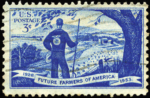 “A Stamp printed in USA shows Agricultural Scene and Future Farmer, 25th anniv. of the organization of Future Farmers of America, circa 1953"