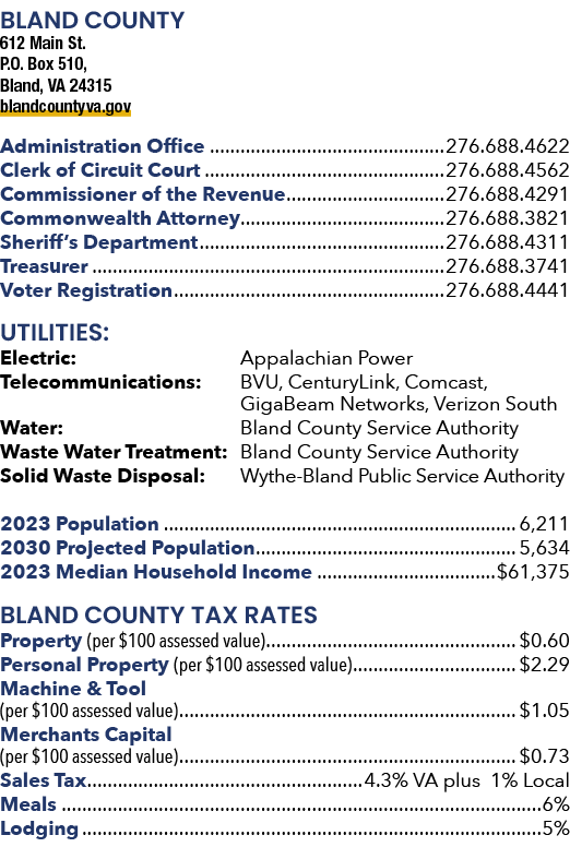 BLAND COUNTY 612 Main St. P.O. Box 510, Bland, VA 24315 blandcountyva.gov Administration Office 276.688.4622 Clerk of...