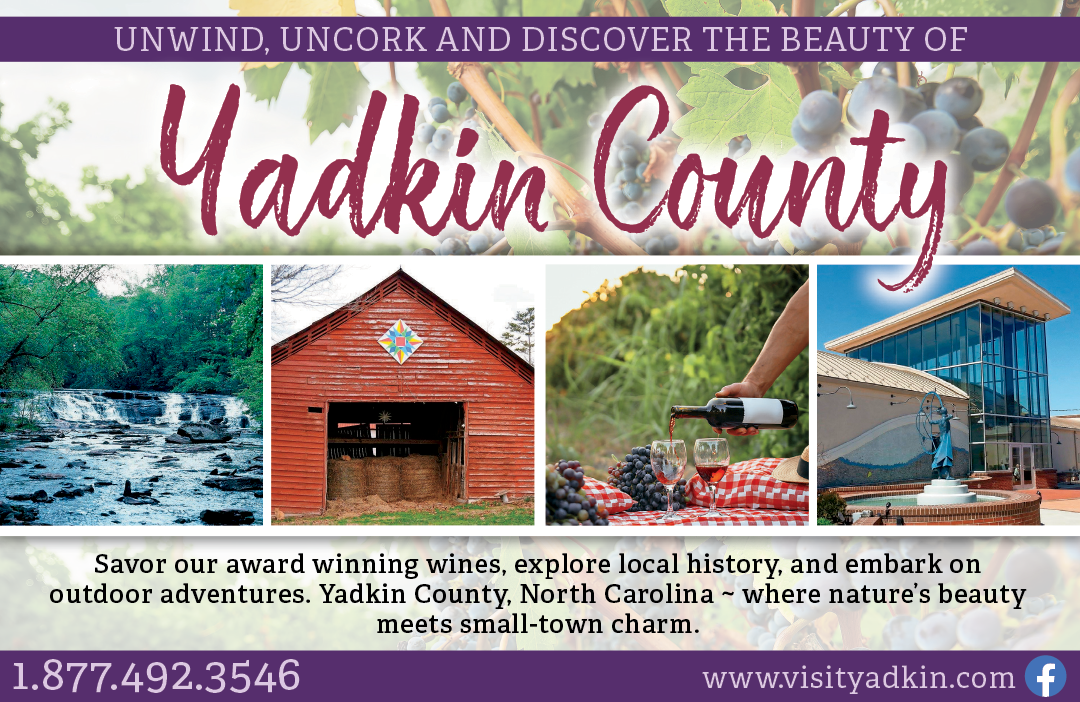 A brochure for Yadkin County, North Carolina, featuring pictures of a red barn, a person holding a bottle of wine, and a person holding grapes. AI generated content
