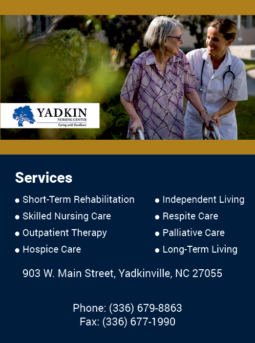 A flyer for Yadkin Valley Home Health Services advertises their services, including short-term rehabilitation, independent living, skilled nursing care, hospice care, and long-term living. The flyer is blue and white and features a picture of two women smiling. AI generated content