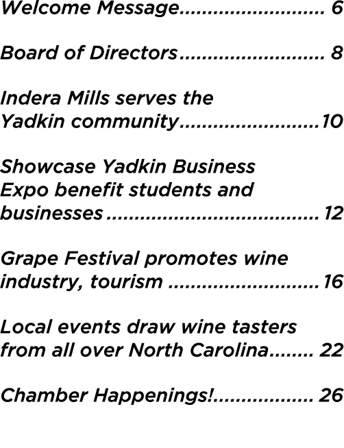Welcome Message 6 Board of Directors 8 Indera Mills serves the Yadkin community 10 Showcase Yadkin Business Expo bene...