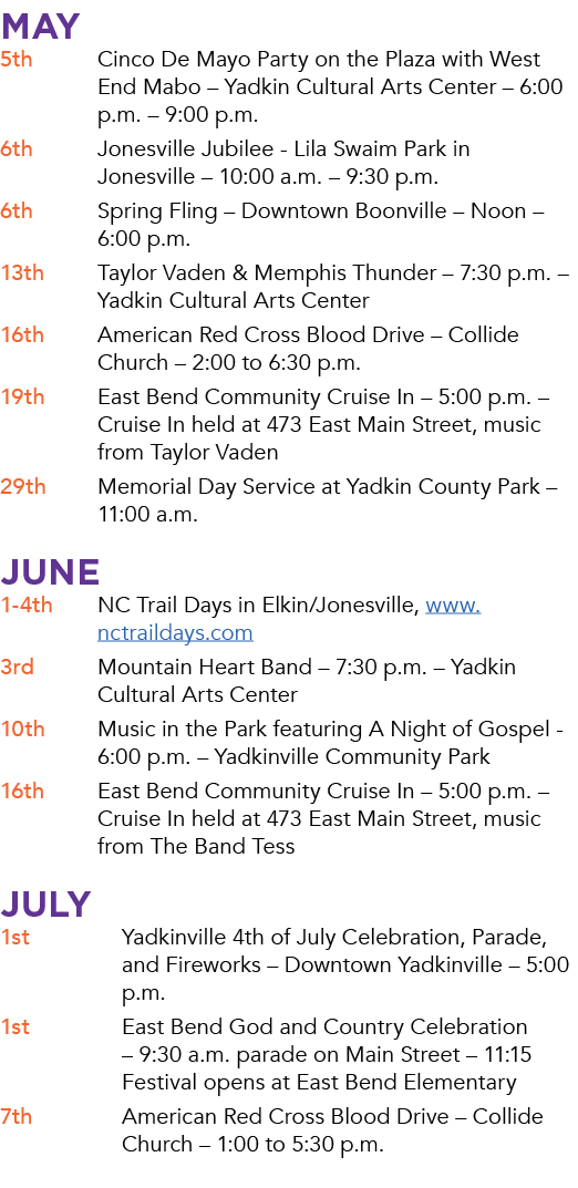May 5th Cinco De Mayo Party on the Plaza with West End Mabo – Yadkin Cultural Arts Center – 6:00 p.m. – 9:00 p.m. 6th...