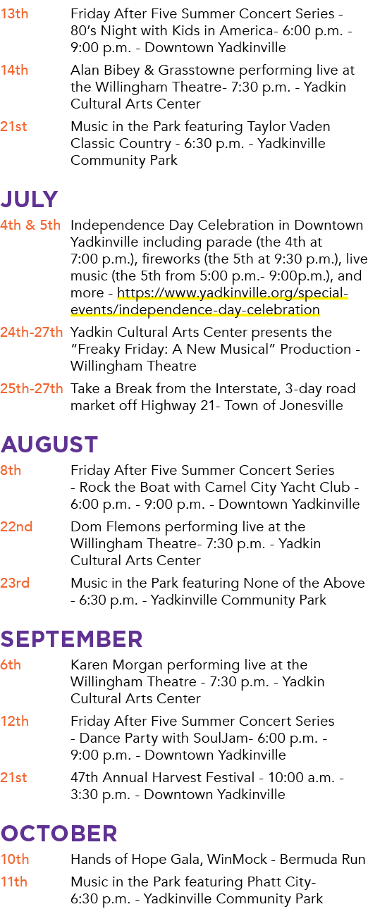 13th Friday After Five Summer Concert Series 80’s Night with Kids in America 6:00 p.m. 9:00 p.m. Downtown Yadkinville...