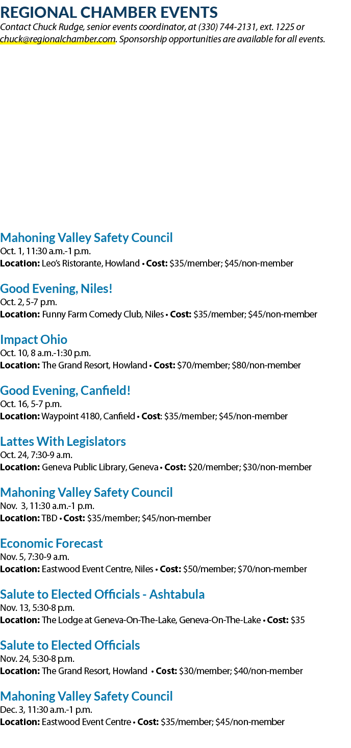 Regional Chamber Events Contact Chuck Rudge, senior events coordinator, at (330) 744 2131, ext. 1225 or chuck@regiona...