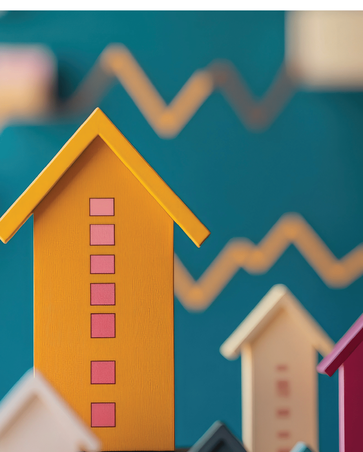 Housing market growth chart with bold arrows pointing up and a rising trend line in the background.