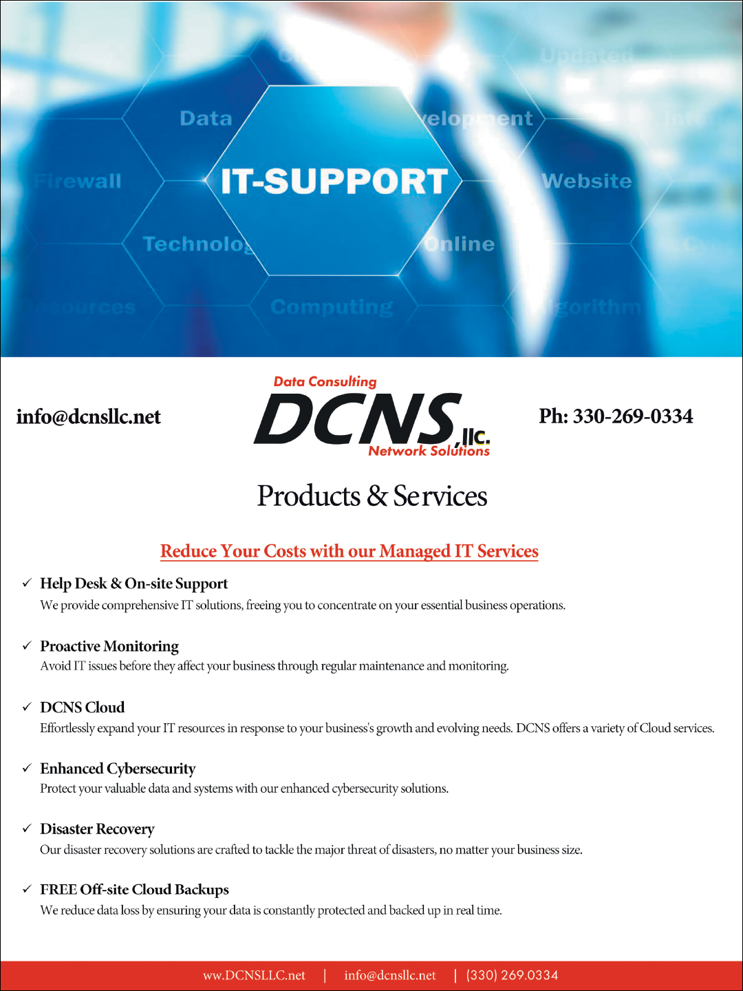 A man in a suit is promoting IT support services. AI generated content