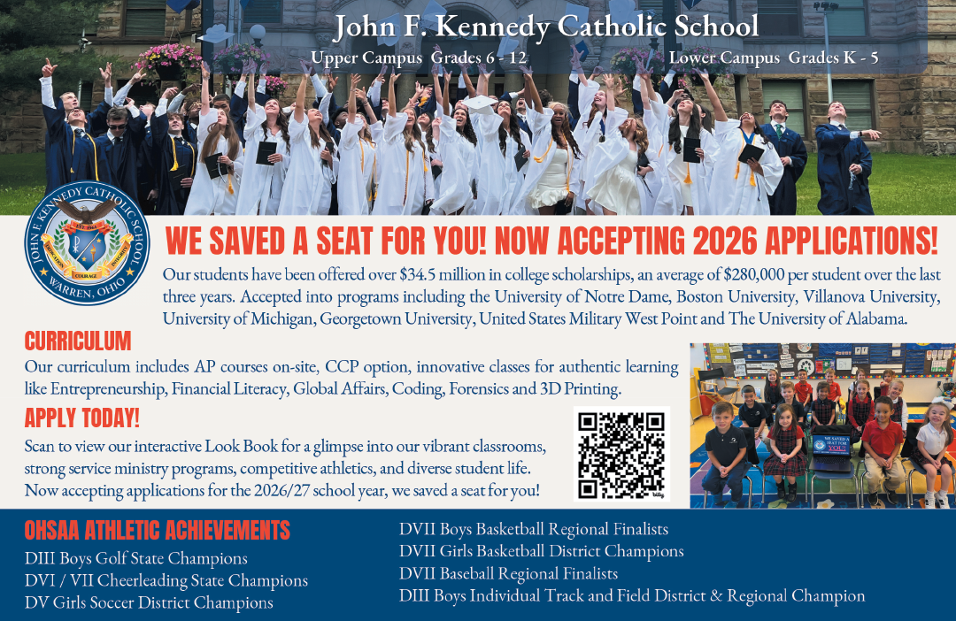 A flyer advertises John E. Kennedy Catholic School's 2020 applications. AI generated content