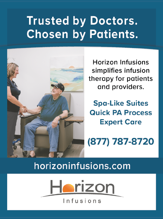An advertisement for Horizon Infusions, a company that provides spa-like suites for patients receiving infusions. AI generated content