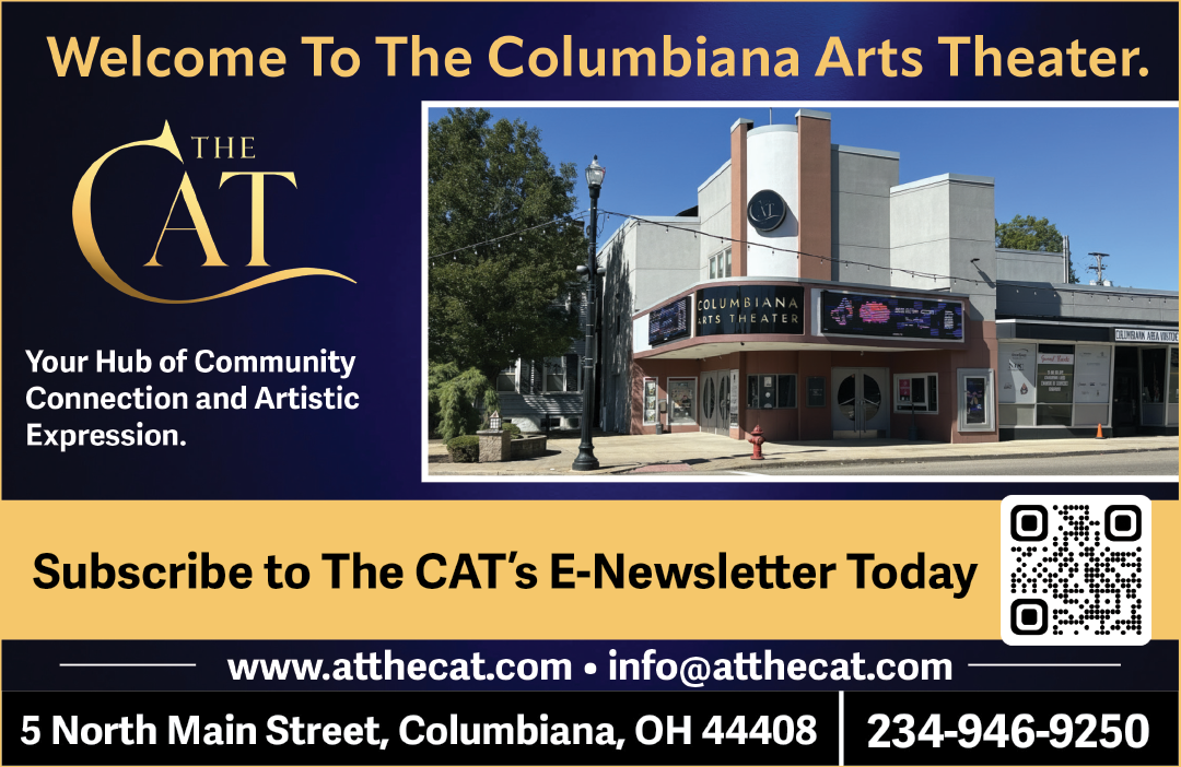 A flyer advertises the Columbiana Arts Theater, featuring a picture of the theater and a description of the events. AI generated content