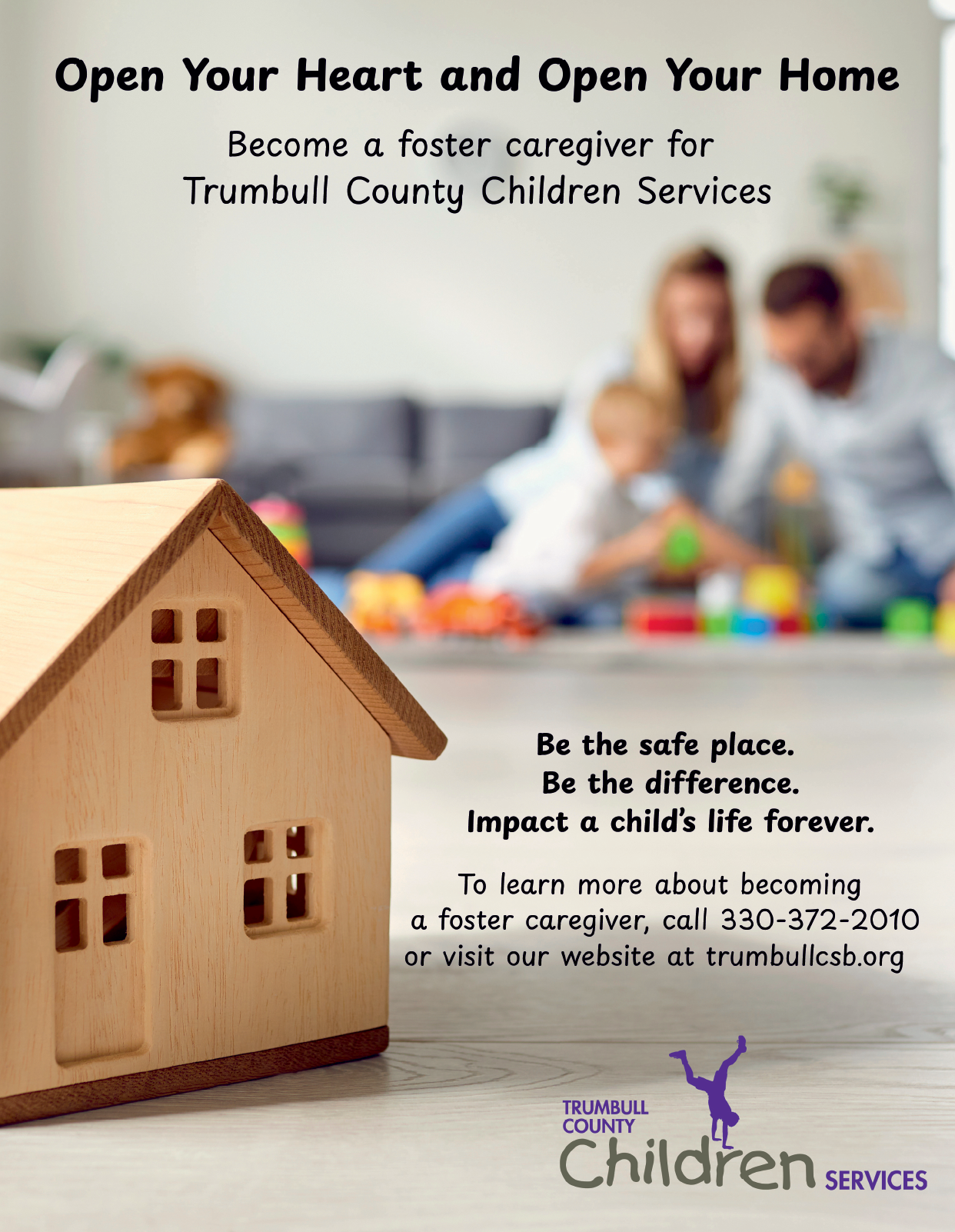 A flyer for Trumbull County Children Services features a family playing with toys, with a child in the center. The flyer encourages people to become a foster caregiver for the children's services. AI generated content