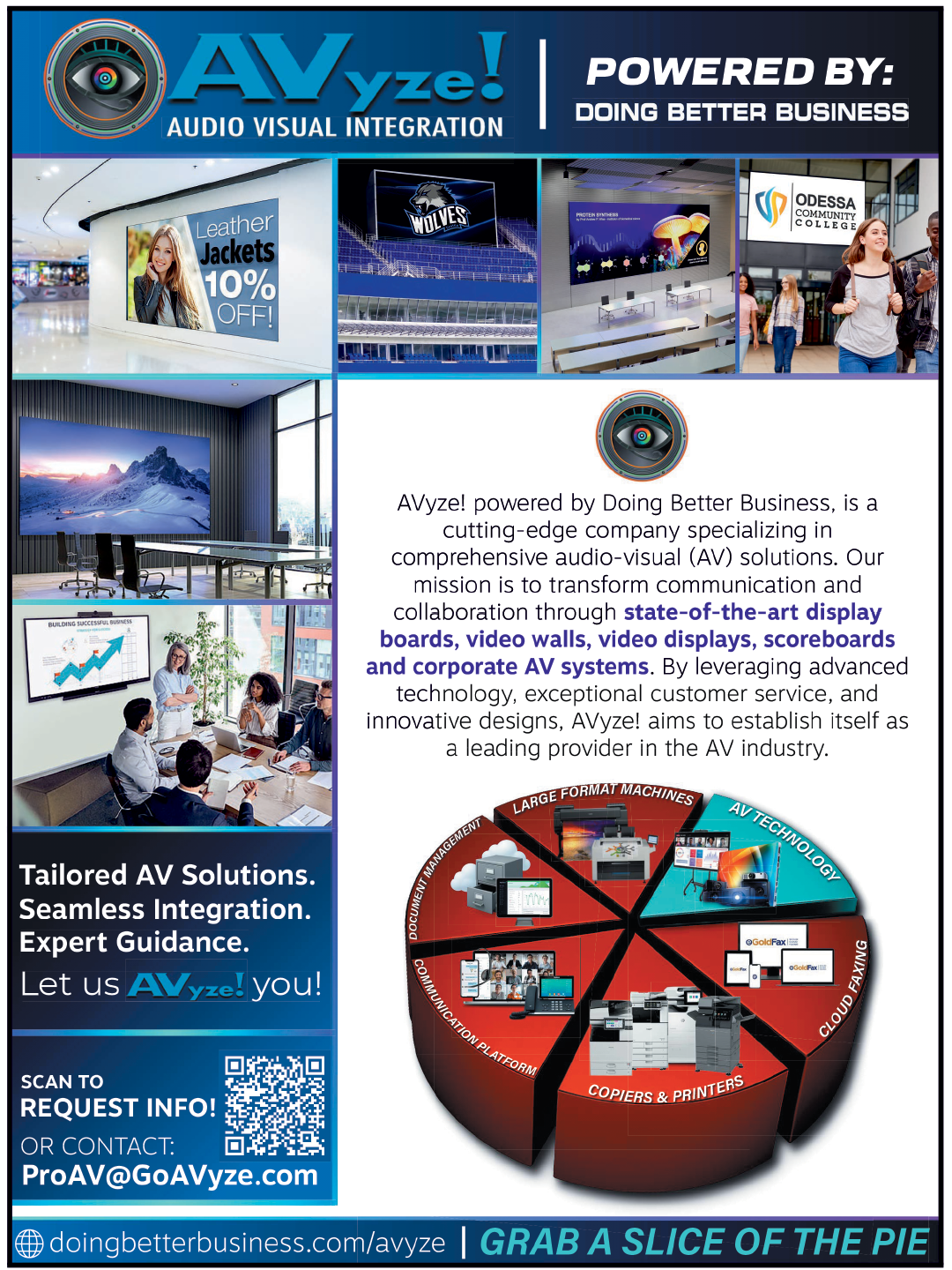 A flyer for Alyze, a company that provides audio visual integration solutions. The flyer features a woman on the cover and several images of people and technology. The text describes the company's services and benefits. AI generated content