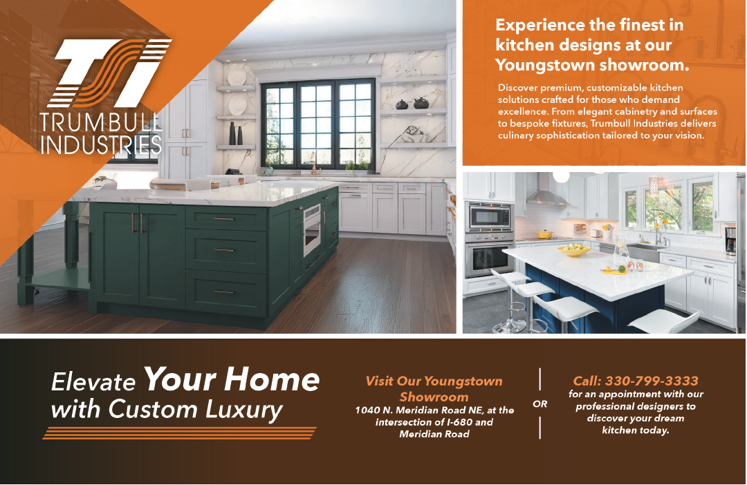 A flyer for Trumbull Industries features a kitchen with a center island, a dining table, and a sink. The kitchen is designed with custom luxury and is available for viewing. AI generated content