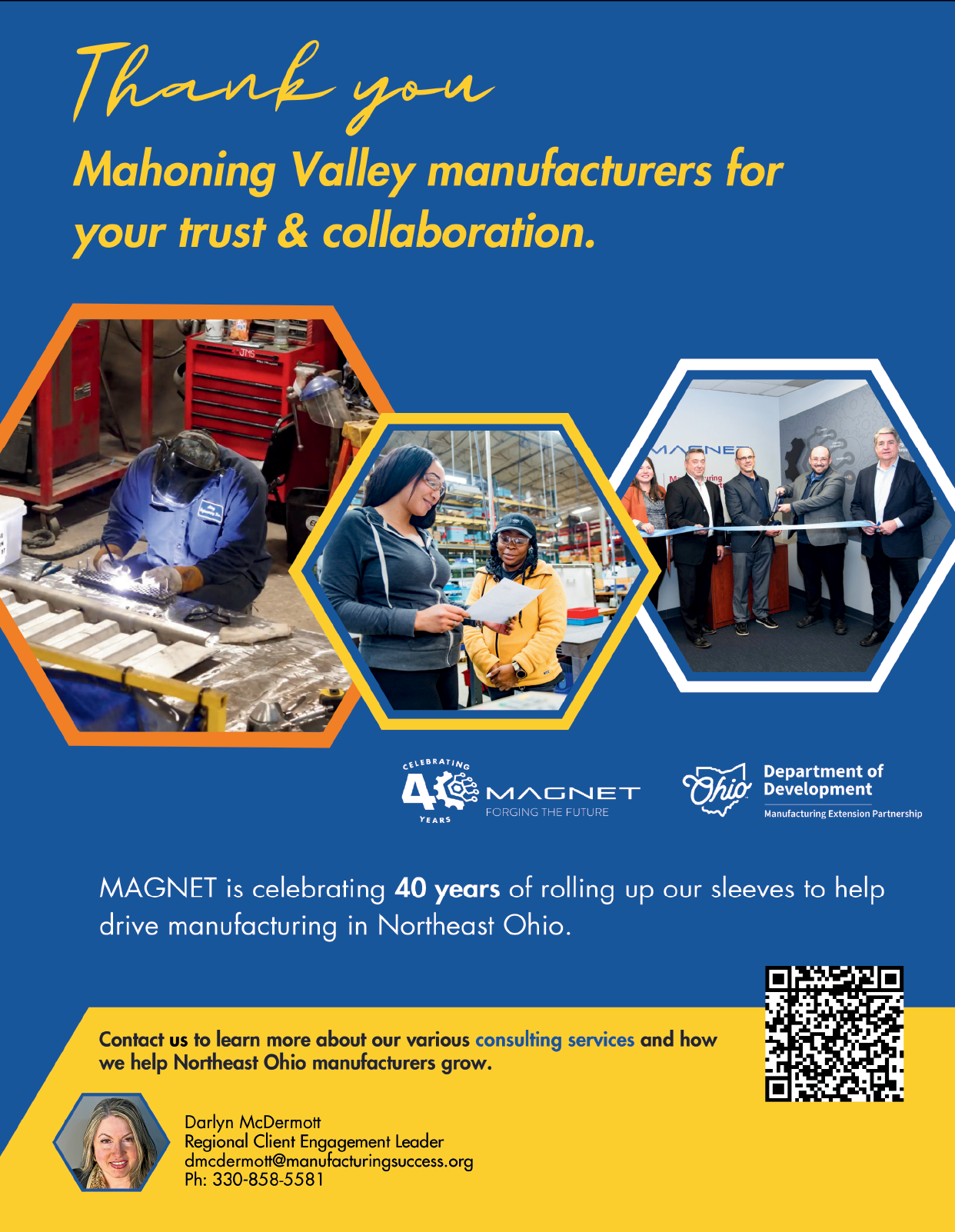 A flyer for Mahoning Valley Manufacturers features a woman in a yellow jacket and a man in a suit. AI generated content