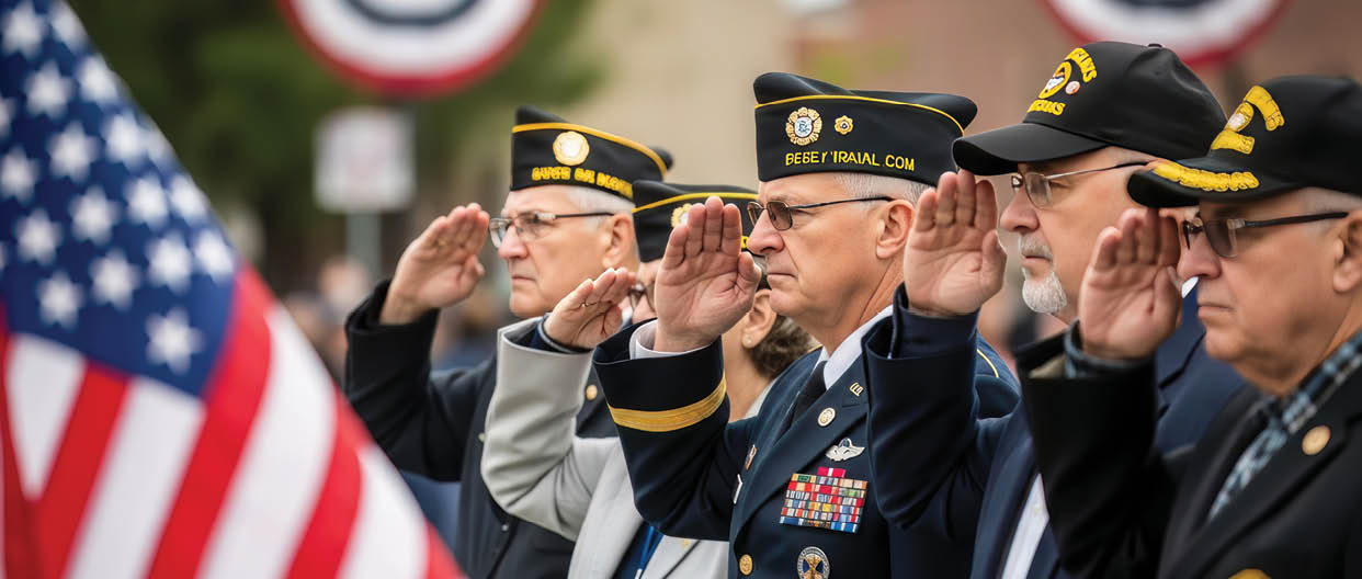 A group of proud veterans in military attire stands united, saluting the American flag at a poignant Memorial Day parade event.