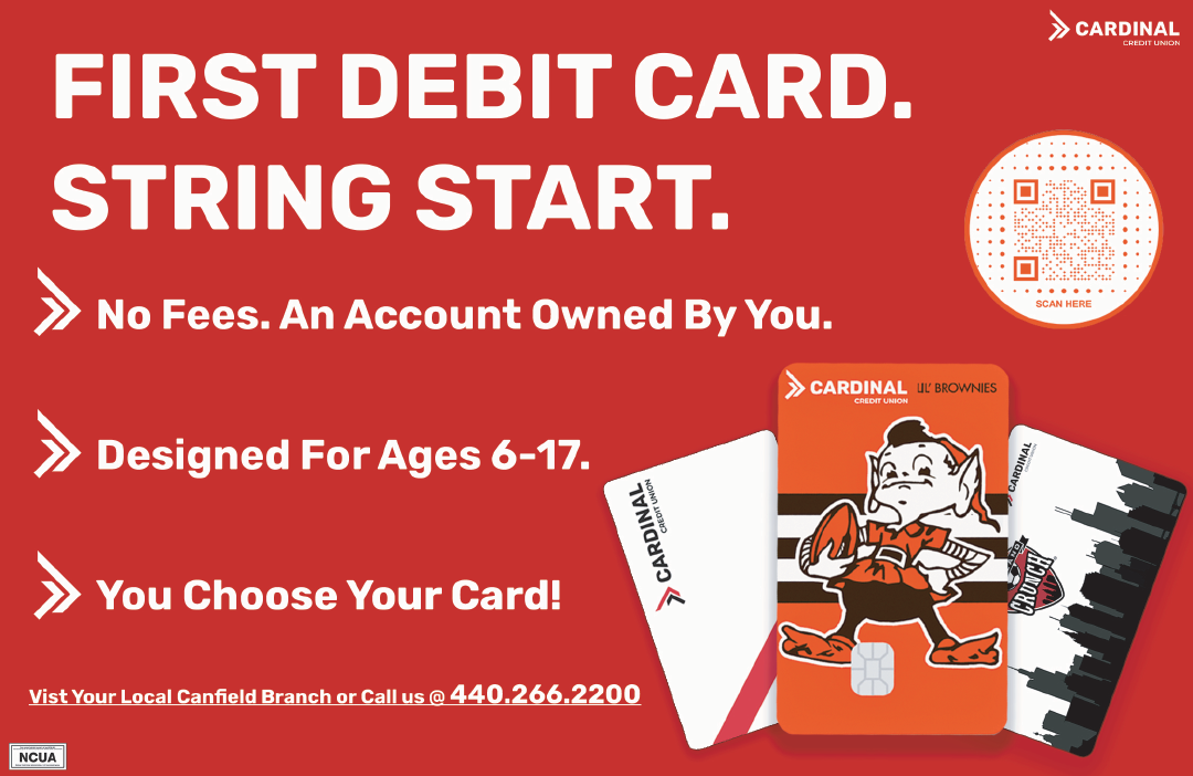 A red advertisement for a card that says “First Debit Card. String Start." and has a cartoon character on it. AI generated content