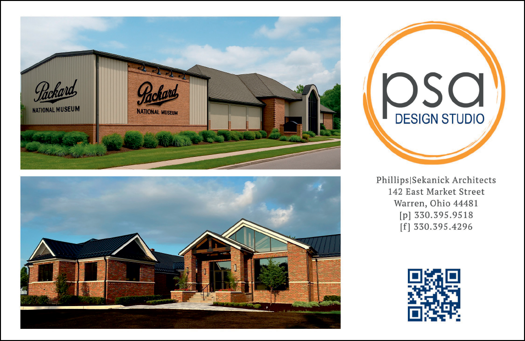 A brochure for PSA Design Studio shows two different buildings, one with a brick exterior and the other with a wood exterior. The brochure is promoting the design and architecture services of Phillip S. Kanicki Architects. AI generated content