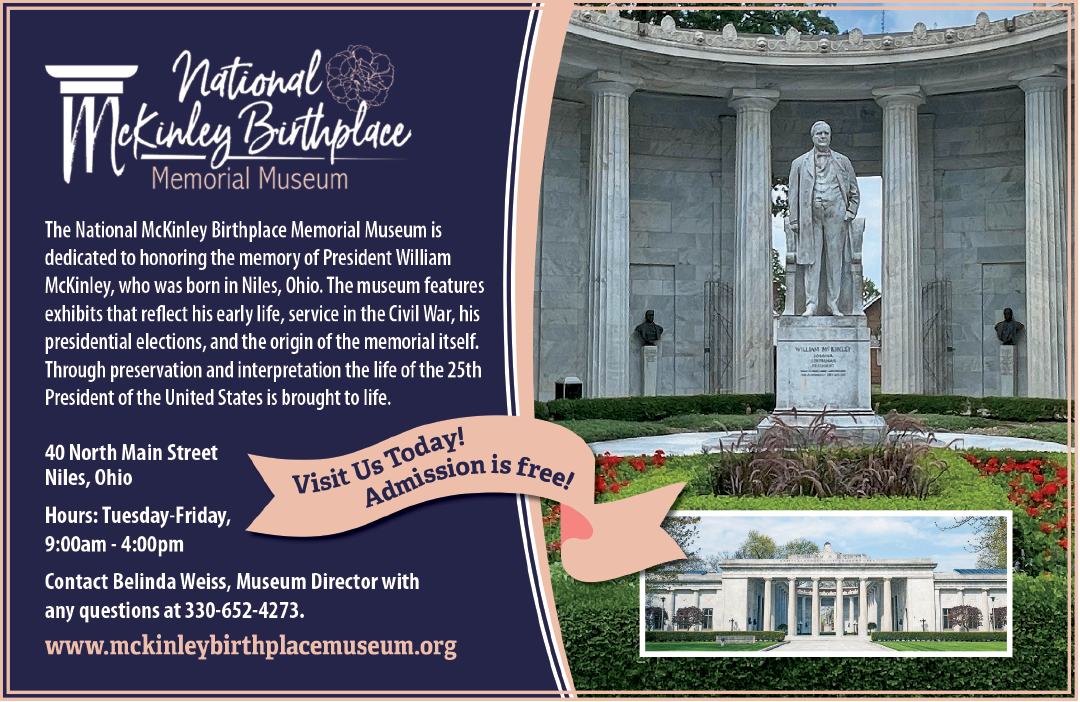 A flyer advertises the McKinley Birthplace Museum, featuring a statue of the president. AI generated content