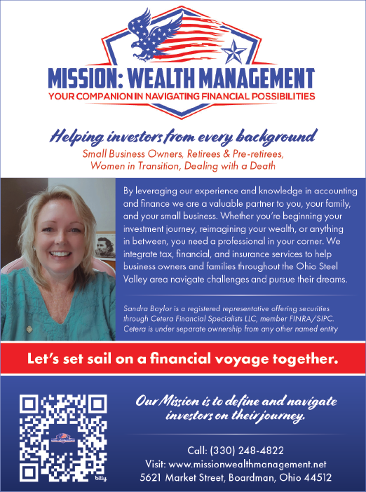 A woman is smiling in front of a Mission Wealth Management advertisement. AI generated content