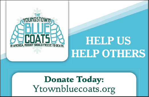 A blue and white advertisement for the Youngstown Blue Coats, a charitable organization. AI generated content