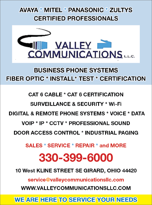 A flyer advertises Valley Communications LLC, a business that offers phone systems, security, and repair services. AI generated content