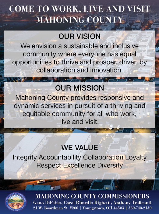 A flyer for the Mahoning County Commissioners features a picture of a building and the words “Come to work, live and visit Mahoning County." The flyer also includes information about the commissioners' mission, values, and commitment to providing responsive and dynamic services to the community. AI generated content