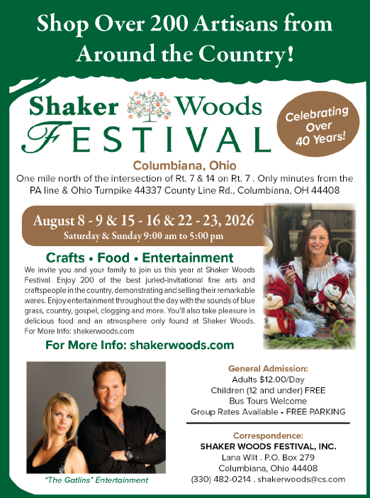 A flyer advertises the Shaker Woods Festival, which takes place in August. The event features crafts, food, and entertainment. Two people are pictured on the flyer, one on the left and one on the right. AI generated content
