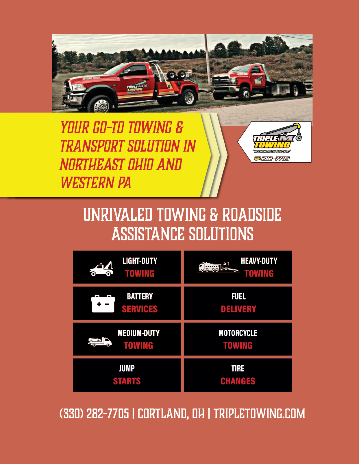 A flyer for towing and roadside assistance solutions in Northeast Ohio and Western Pennsylvania. AI generated content