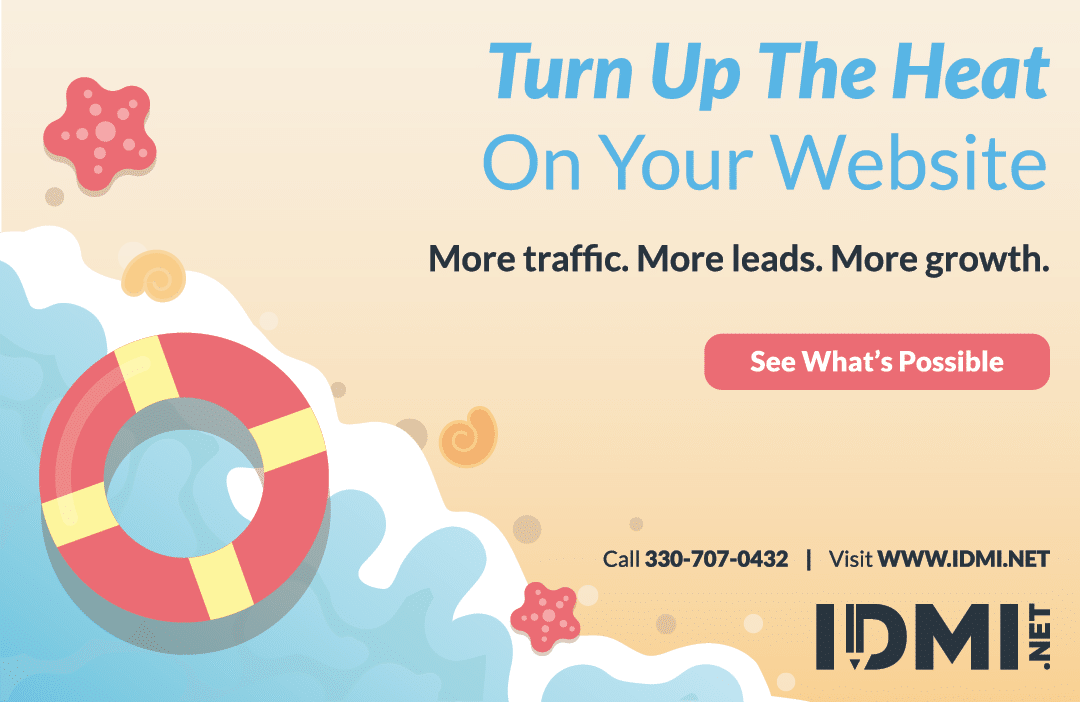 A colorful lifebuoy floats on stylized ocean waves with text promoting website growth and a call-to-action button on a sandy beach background. Description generated by AI