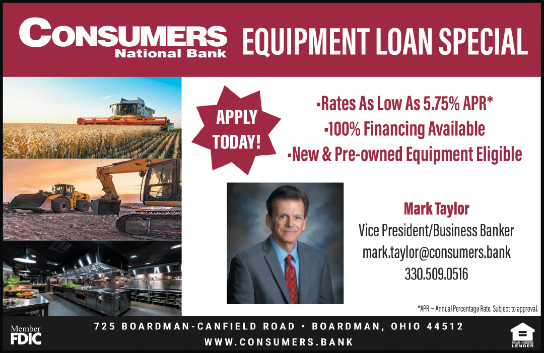 A promotional advertisement for Consumers National Bank's equipment loan special featuring images of agricultural and industrial machinery, loan benefits, and contact information for a bank representative. Description generated by AI