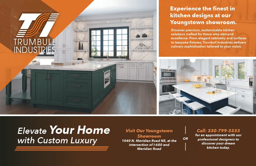A modern kitchen showroom features a large green island with white cabinetry, dark wood flooring, and bright natural light from windows, accompanied by text promoting custom luxury kitchen designs and showroom contact information. Description generated by AI