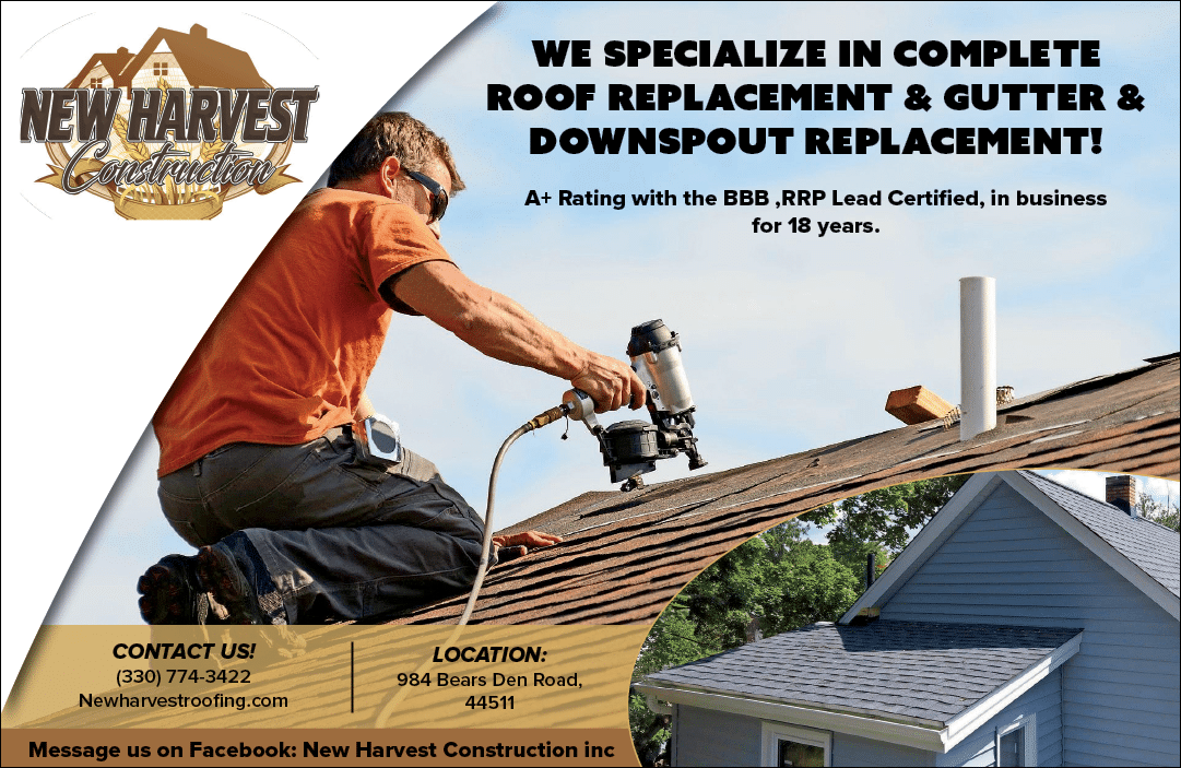 A person wearing an orange shirt is using a nail gun to work on a roof with text advertising New Harvest Construction's roof replacement and gutter services along with contact information. Description generated by AI