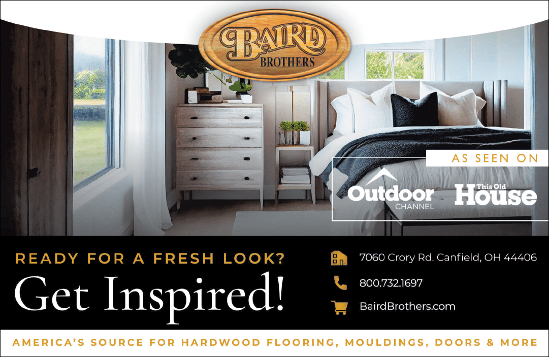 A cozy bedroom with a neatly made bed, a wooden dresser, and a window showing an outdoor view is featured alongside text promoting Baird Brothers as a source for hardwood flooring, mouldings, doors, and more. Description generated by AI