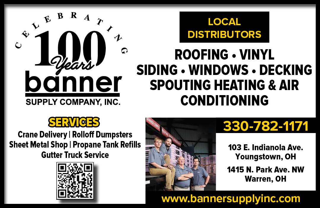 A business advertisement celebrating 100 years of Banner Supply Company, Inc. featuring local distributors for roofing, vinyl siding, windows, decking, spouting, heating, and air conditioning services, a QR code, contact phone number, address, website, and a photo of four adults sitting on stairs. Description generated by AI
