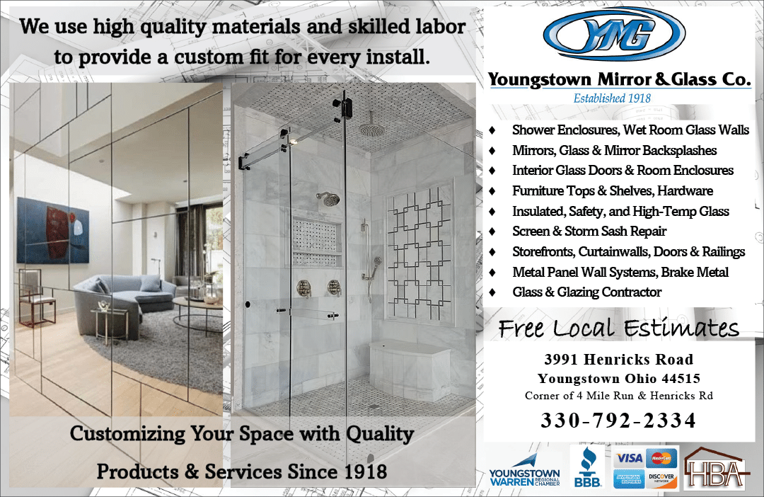 A promotional advertisement for Youngstown Mirror & Glass Co. featuring a modern glass shower enclosure in a bathroom and listing various glass and mirror services with contact information. Description generated by AI